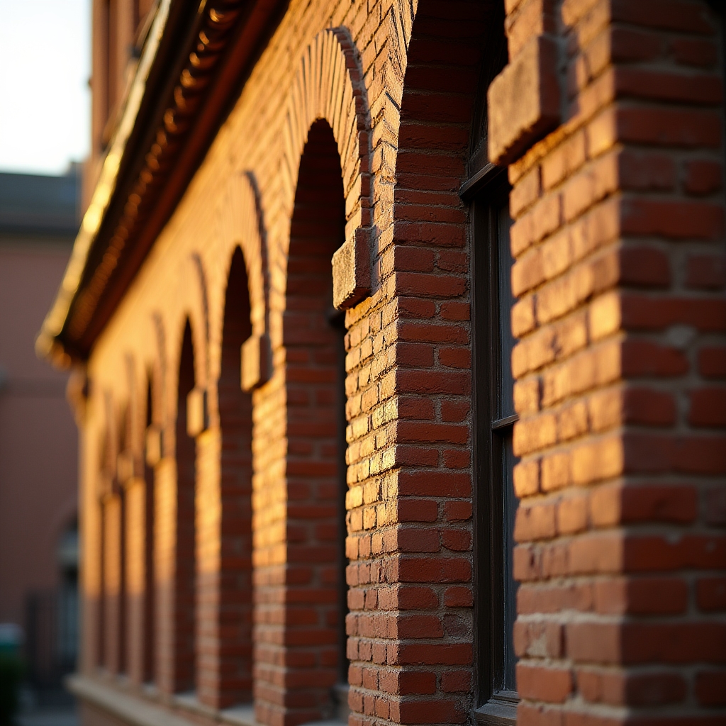 Close-up detail of a warm-toned brick facade showing string courses and window fenestration