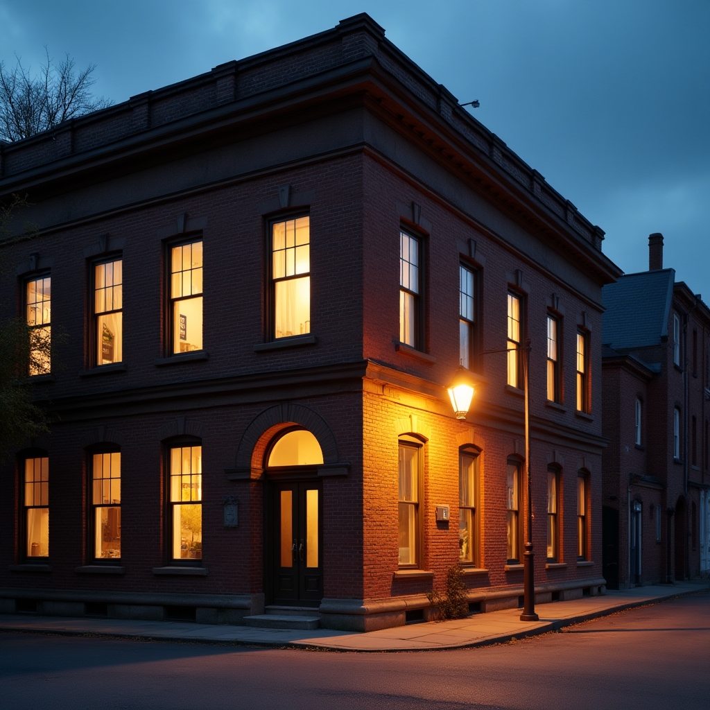 Exterior of a warm-toned brick office building in Bydgoszcz at dusk with lit windows