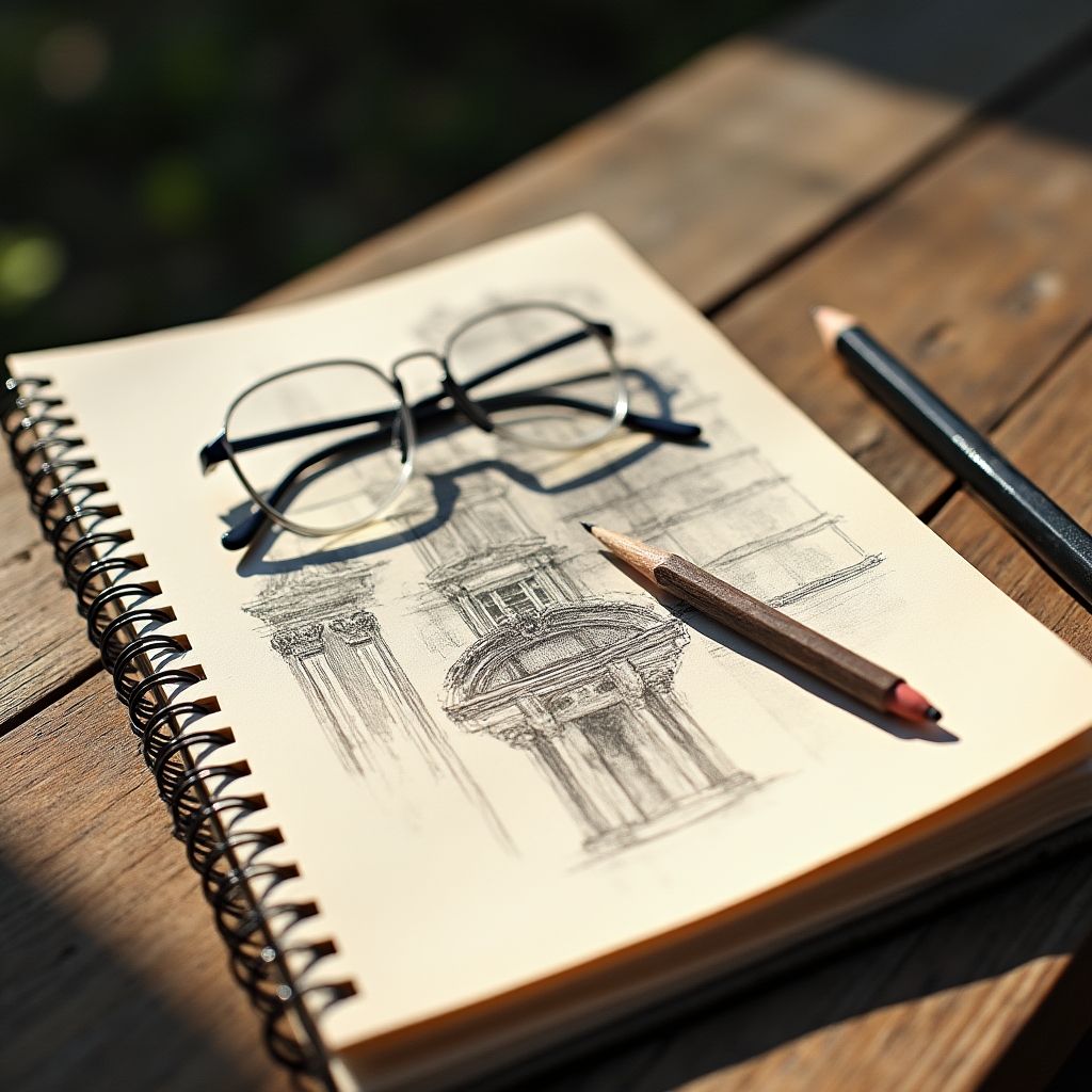 Open notebook with hand-drawn sketches of building facades resting on an outdoor table