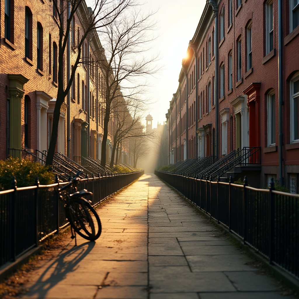 Row of attached brick houses along a quiet street bathed in warm evening light