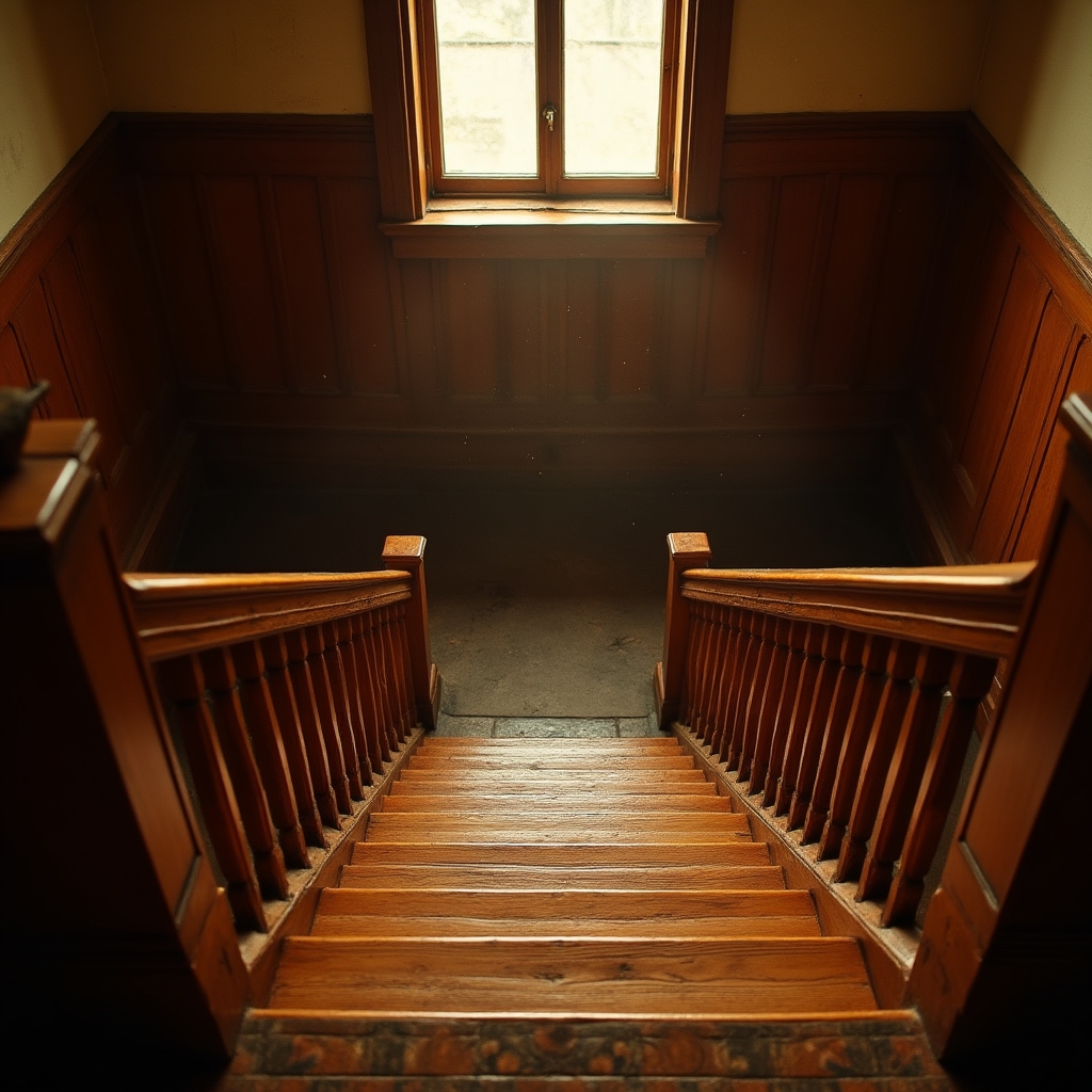Interior wooden staircase inside an old tenement building lit by warm afternoon light