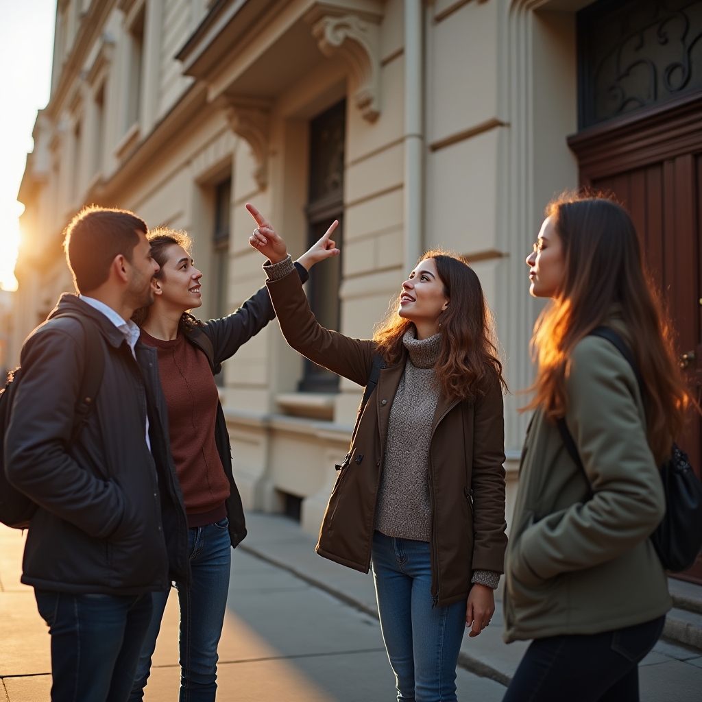 A small group examining a building facade during a walking discussion of a historic district